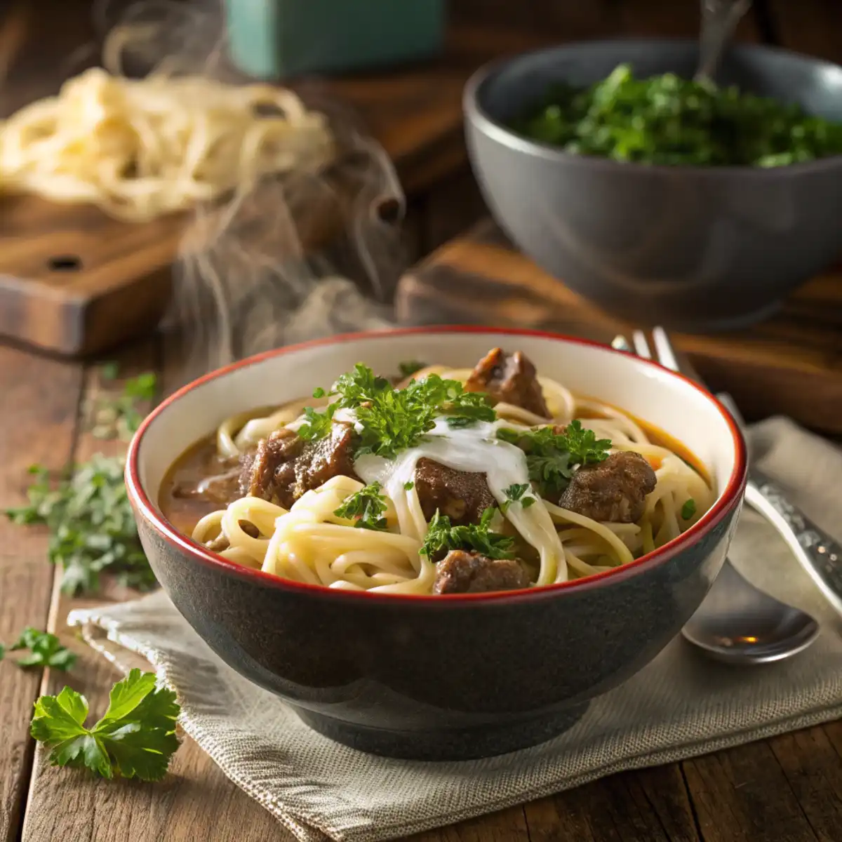 Steaming bowl of homemade beef noodle dish with creamy sauce and fresh parsley on a rustic wooden table surrounded by kitchen utensils.