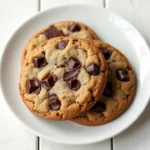 Freshly baked double chunk chocolate cookie with calorie info on a plate.