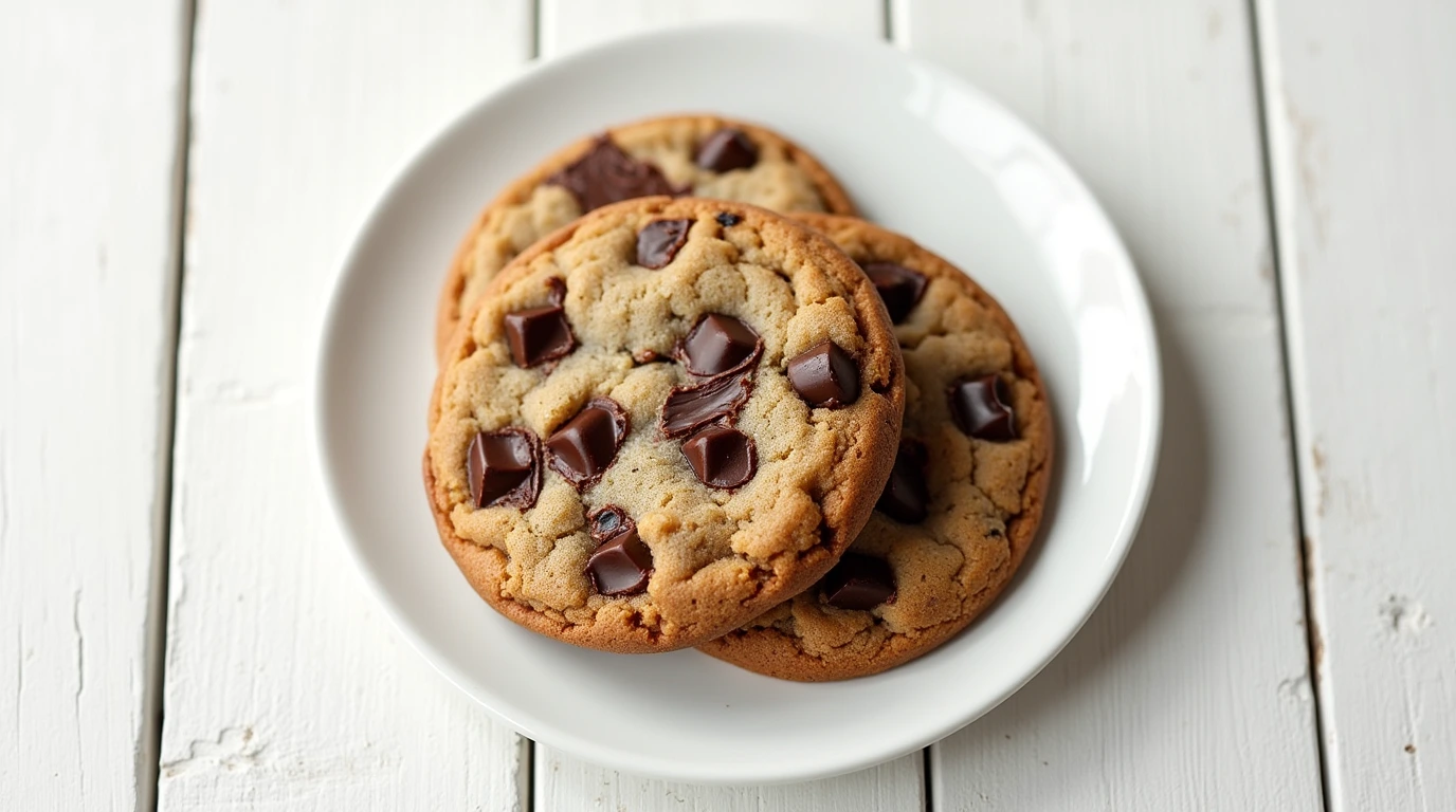 Freshly baked double chunk chocolate cookie with calorie info on a plate.