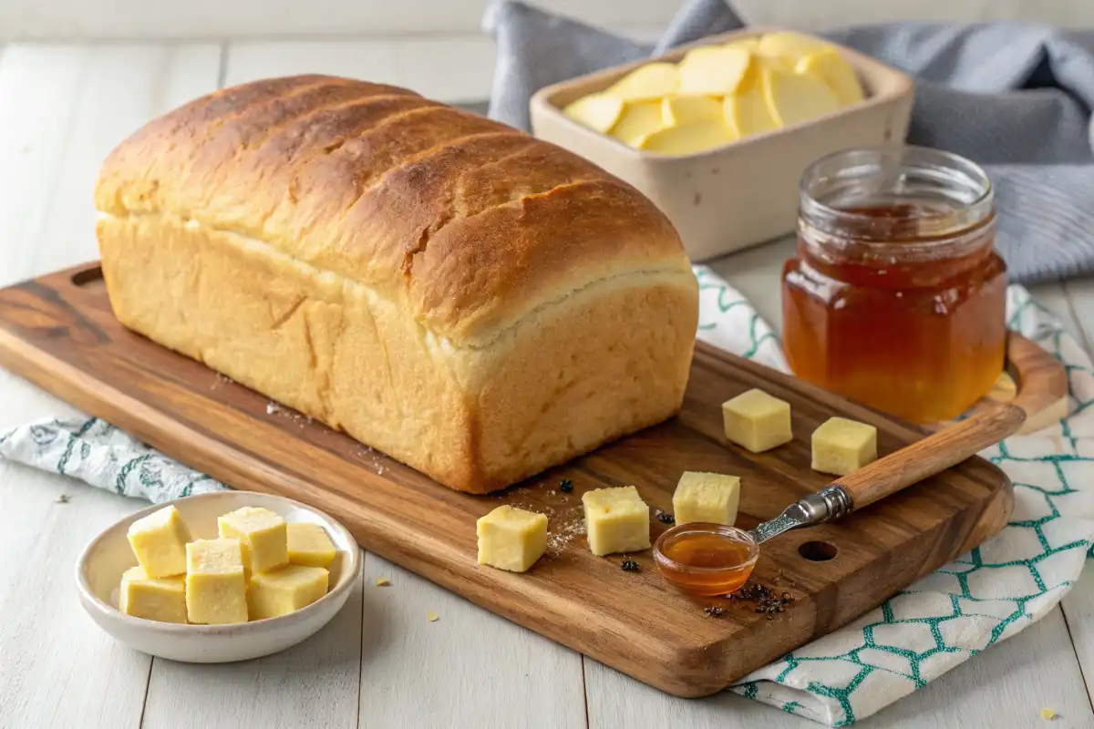 Freshly baked loaf of butter bread with golden crust, butter cubes, and honey jar.