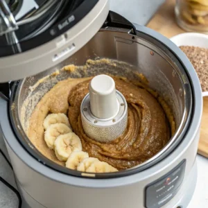 Close-up of bread machine mixing batter with visible mashed bananas and brown sugar.