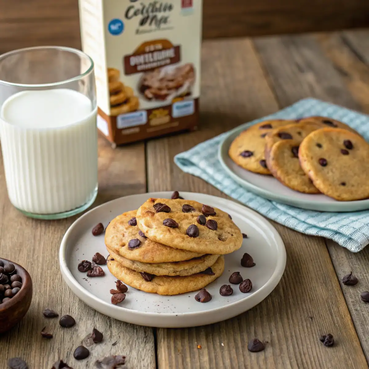 A plate of pancake mix cookies with chocolate chips next to a glass of milk on a rustic wooden table with pancake mix packaging in the background.