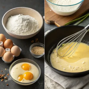 Step-by-step illustration of pancake batter preparation, showing ingredients, mixing, and pouring the batter onto a skillet.