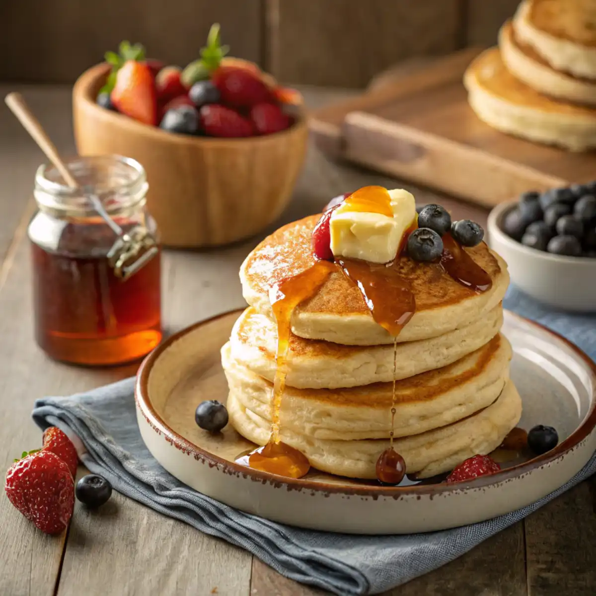 A stack of golden, fluffy pancakes topped with butter and drizzled with maple syrup, garnished with fresh fruit on a rustic breakfast table.