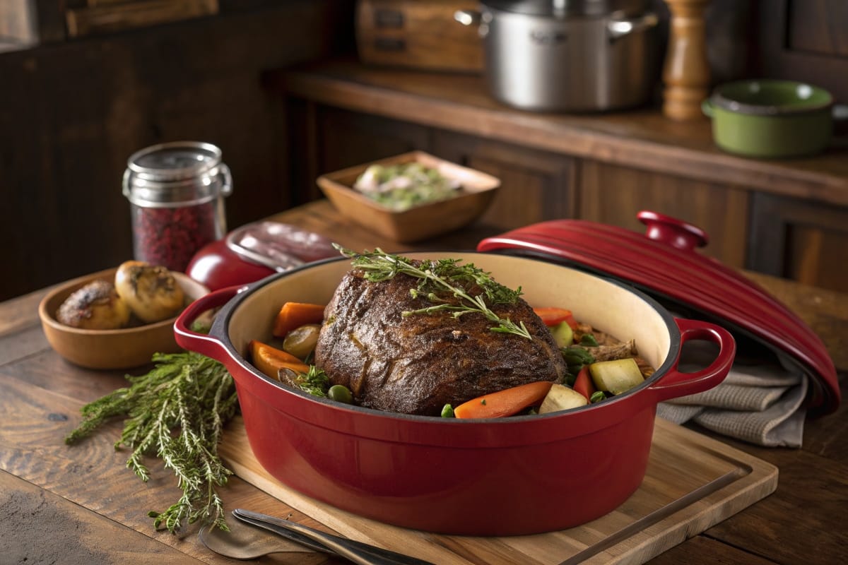 Seasoned pot roast in a rustic kitchen setting.