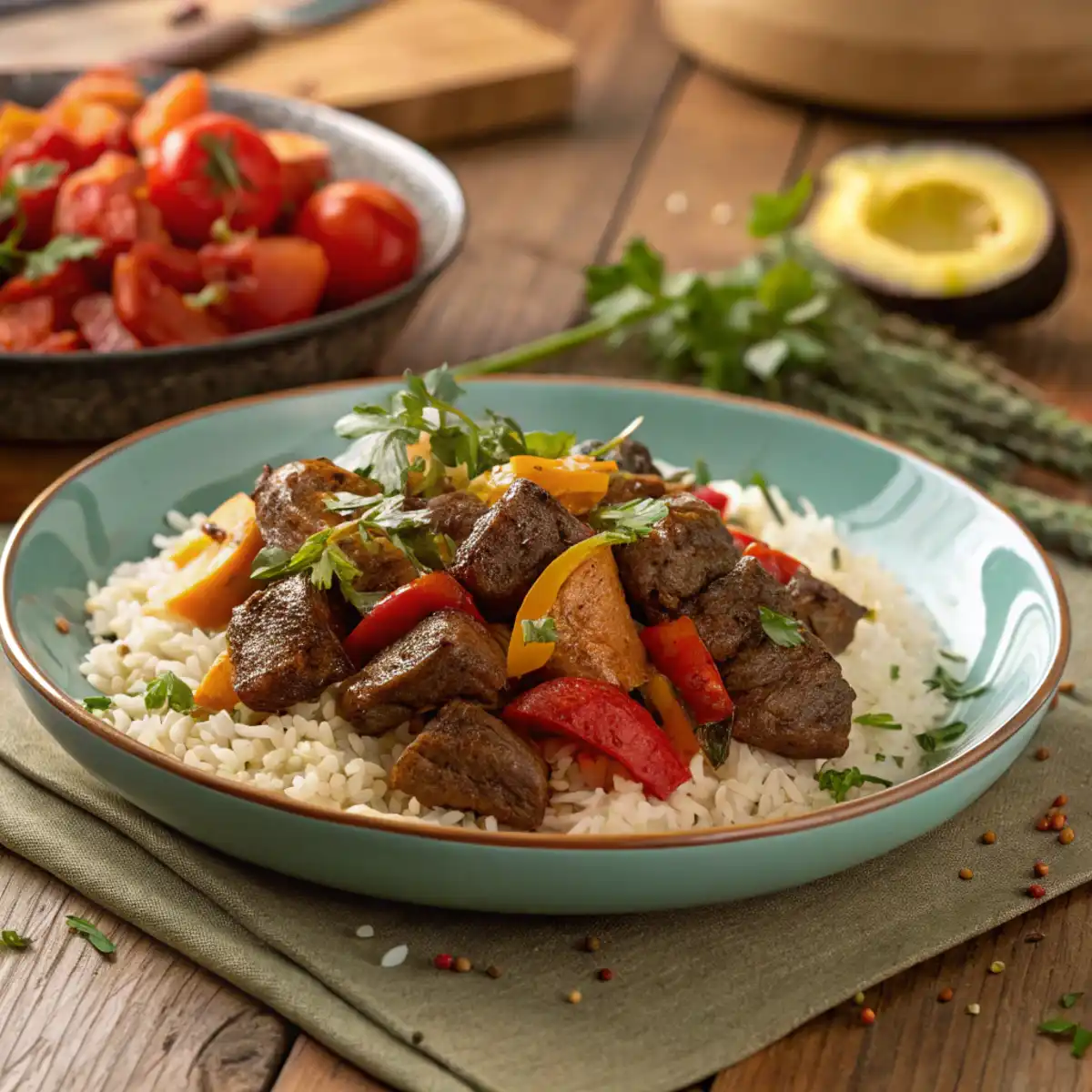 A delicious plate of roni meat served with rice, roasted vegetables, and garnished with fresh herbs on a rustic wooden table.