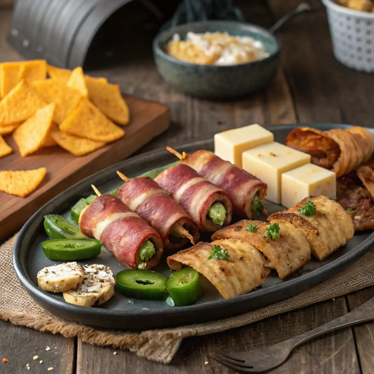 A vibrant platter of smoked appetizers featuring bacon-wrapped jalapeño poppers, smoked cheese blocks, and crispy pig shots on a rustic wooden table with wood chips and a smoker in the background.