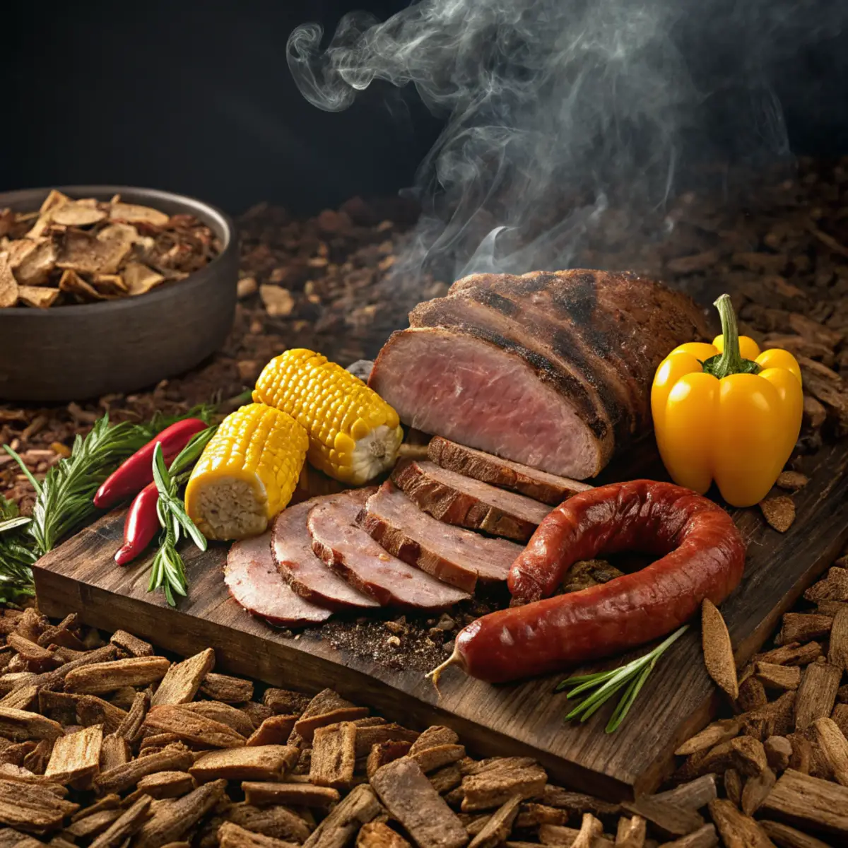 Rustic outdoor smoker with meats and vegetables surrounded by wood chips and spices.