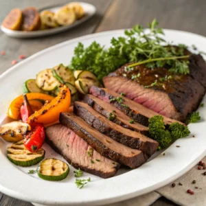 Plated smoked brisket garnished with herbs and served with grilled vegetables.