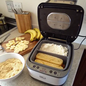 Step-by-step process of layering ingredients in a bread maker with close-up views of mashed bananas, flour, sugar, and eggs.