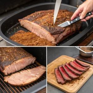 Step-by-step visuals of brisket preparation: trimming, seasoning with rub, and placing in a smoker, showcasing textures and techniques.