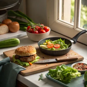 Step-by-step burger salad preparation showing fresh vegetables on a cutting board, a skillet with a cooking burger patty, and an assembled salad.