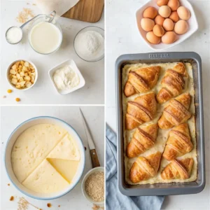 Golden-brown croissant bread pudding in a white dish, drizzled with vanilla sauce, powdered sugar, and fresh mint garnish.