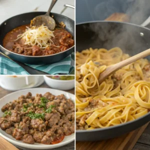 Step-by-step cooking process for Hamburger Helper Beef Noodle, featuring ground beef cooking in a skillet, noodles mixed with sauce, and a plated serving