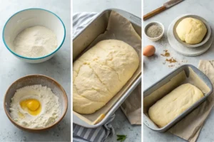 Step-by-step process of making butter bread, including kneading, proofing, and shaping dough.