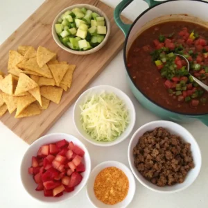 Step-by-step process of preparing taco soup frios with diced vegetables, taco-seasoned ground beef, and simmering broth in a pot.