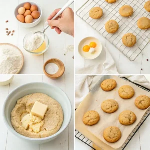 Collage showing the step-by-step process of making pancake mix cookies, including ingredients, mixing dough, shaping cookies, and baked cookies.