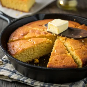 Close-up of a sliced cast iron skillet cornbread with a pat of melting butter, showing its moist interior and crispy edges.