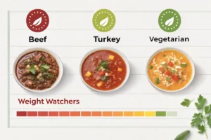 A comparison chart showing the calories of taco soup variants: beef, turkey, vegetarian, and Weight Watchers, with realistic illustrations.