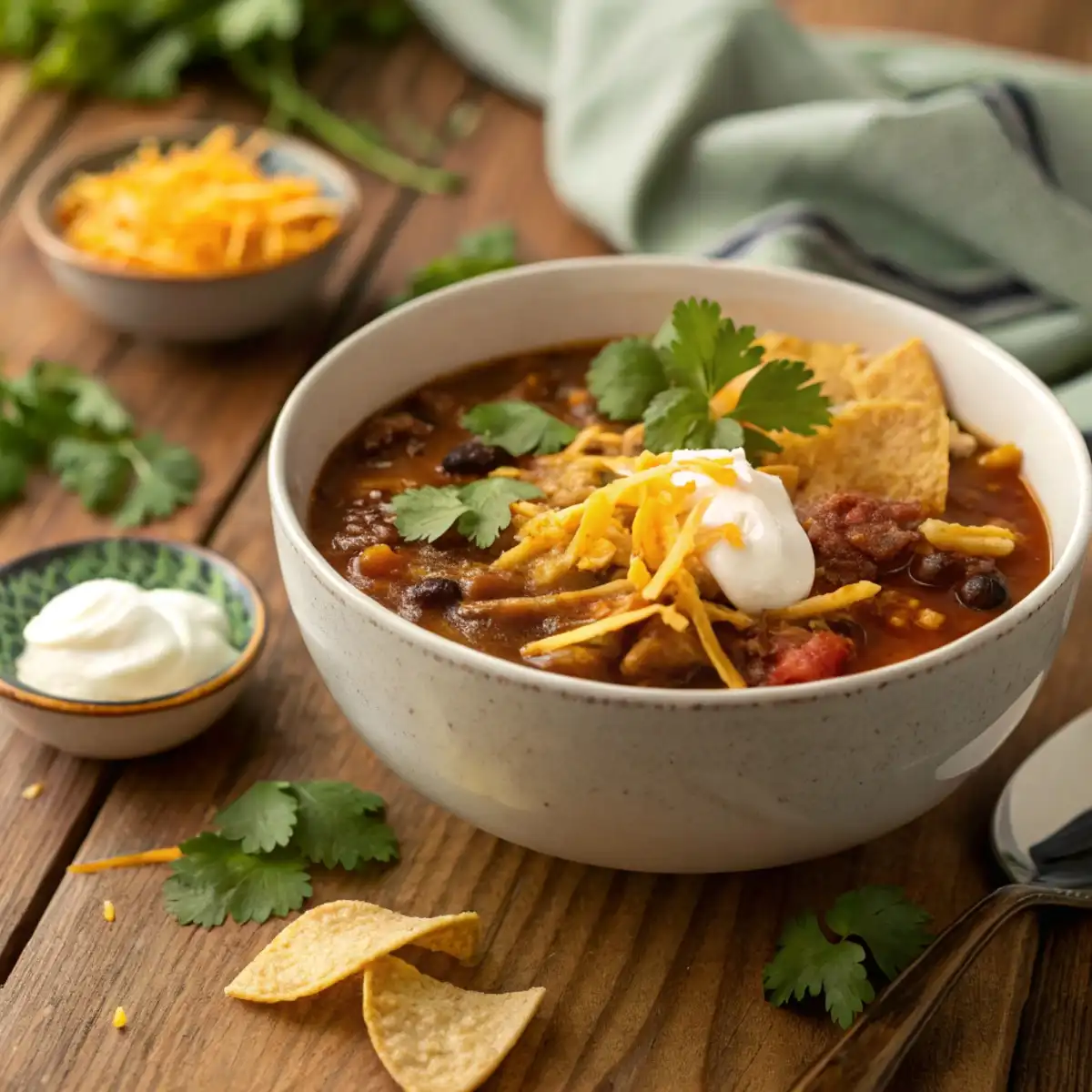 A steaming bowl of taco soup topped with shredded cheddar cheese, dollops of sour cream, crushed tortilla chips, and garnished with fresh cilantro on a rustic wooden table.