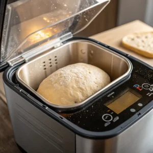 Close-up of a bread machine with dough rising inside, demonstrating the process of making cost-effective homemade bread.