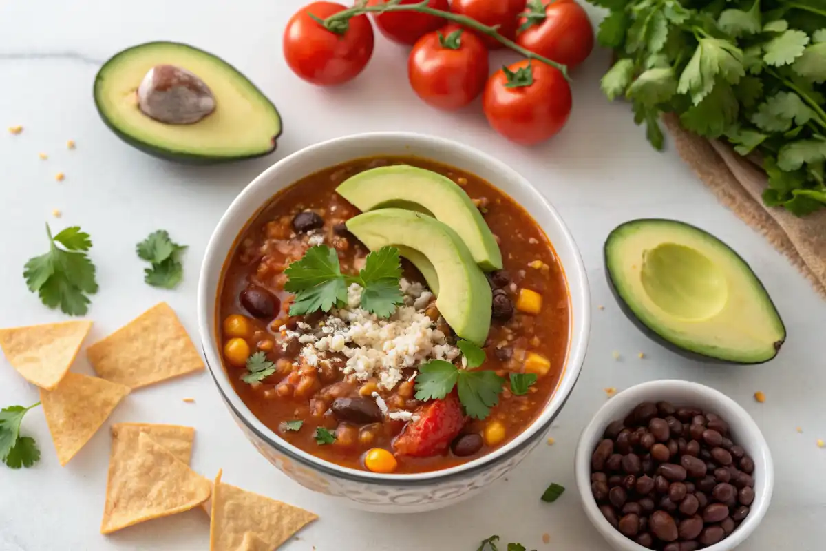 A vibrant top-down view of a bowl of taco soup garnished with fresh cilantro, avocado slices, and cheese, surrounded by tomatoes, beans, and taco seasoning.