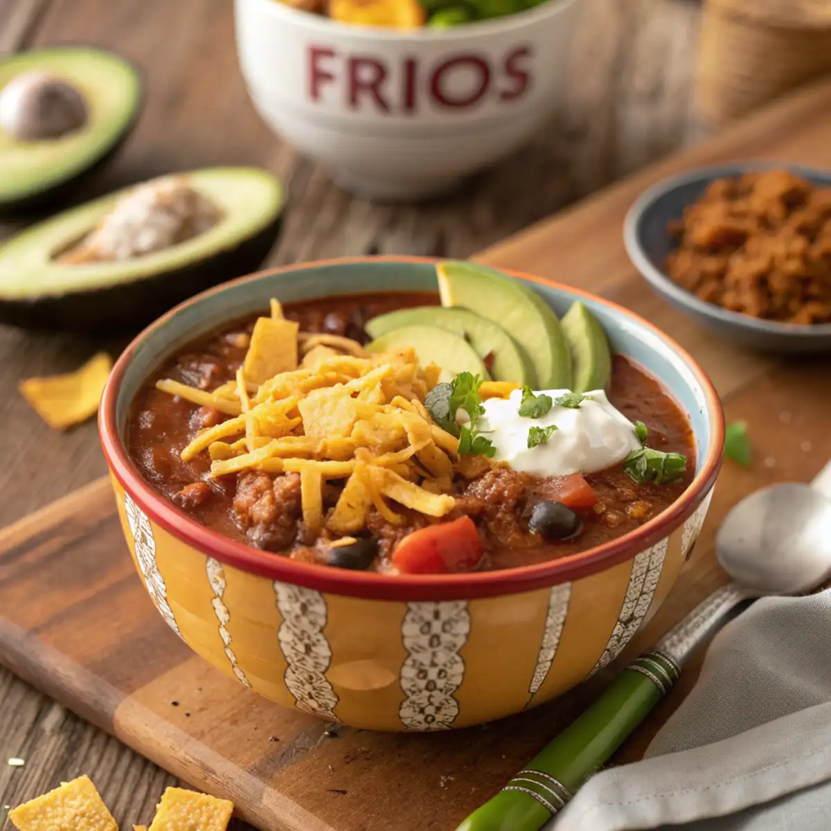 A vibrant bowl of taco soup frios garnished with crushed Fritos, shredded cheese, diced avocado, and sour cream on a rustic wooden table.