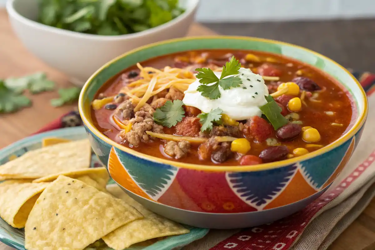 Vibrant bowl of taco soup with ranch dressing packet topped with sour cream, cheese, cilantro, and served with tortilla chips.