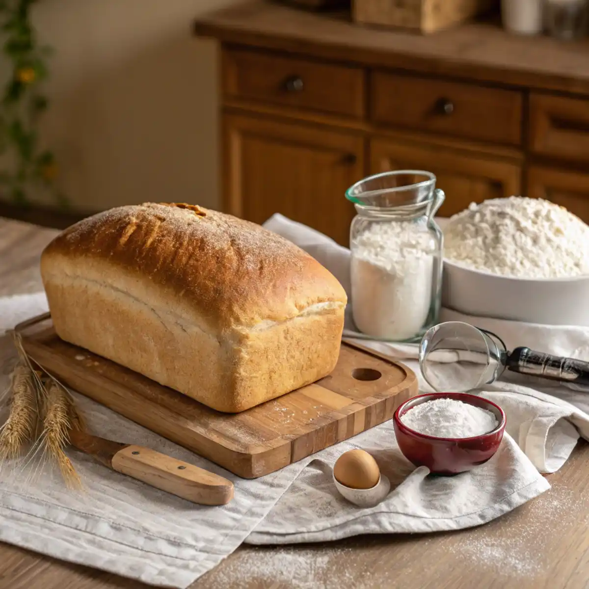 Freshly baked homemade white bread on a wooden cutting board surrounded by flour, yeast, and a measuring cup in a warm kitchen setting.